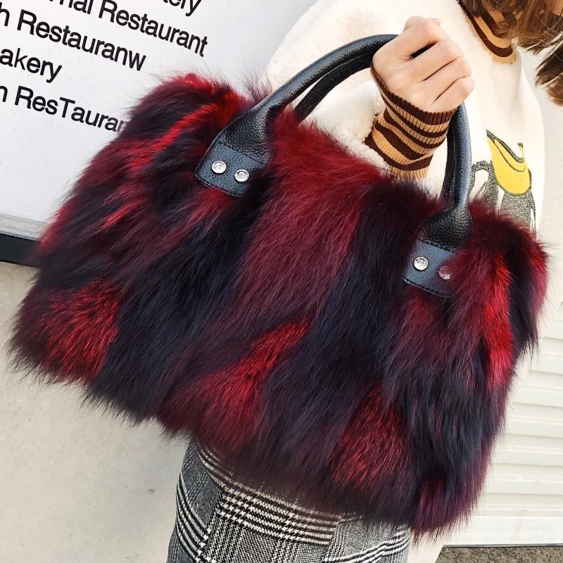 Fox Fur Bag Winter Women Fluffy Handbag Real Fur Bag Female Shoulder Crossbody Bag Evening Party Handbags Large Lady Clutch Bag