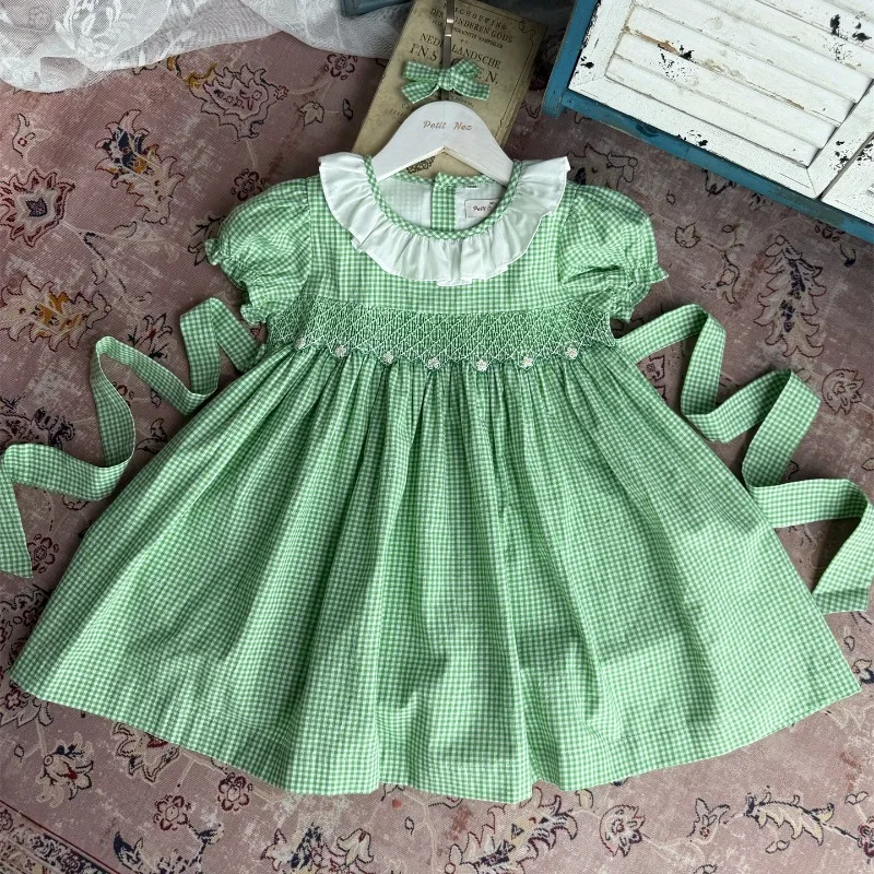 Ins Handmade Vintage Green Grid Hand-embroidered Girls Short-sleeved Dress Flower Girls Wedding Party Dress Kids Boutique