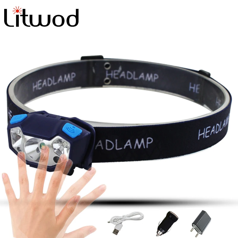 Litwod Led Headlamp Body Motion Sensor Lithium Metal Head Flashlight Camping,Climbing,Hunting,Fishing Built In Battery Headlight