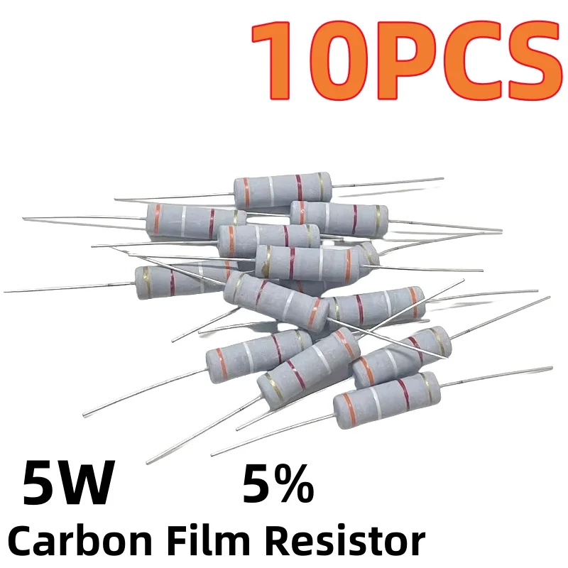 10PCS 5W carbon film 5% color ring resistorr 1Ohm-910KOhm 10 30 43 100 300 510 Ohm 1K 10K 100K 1M 1R 10R 100R 470R