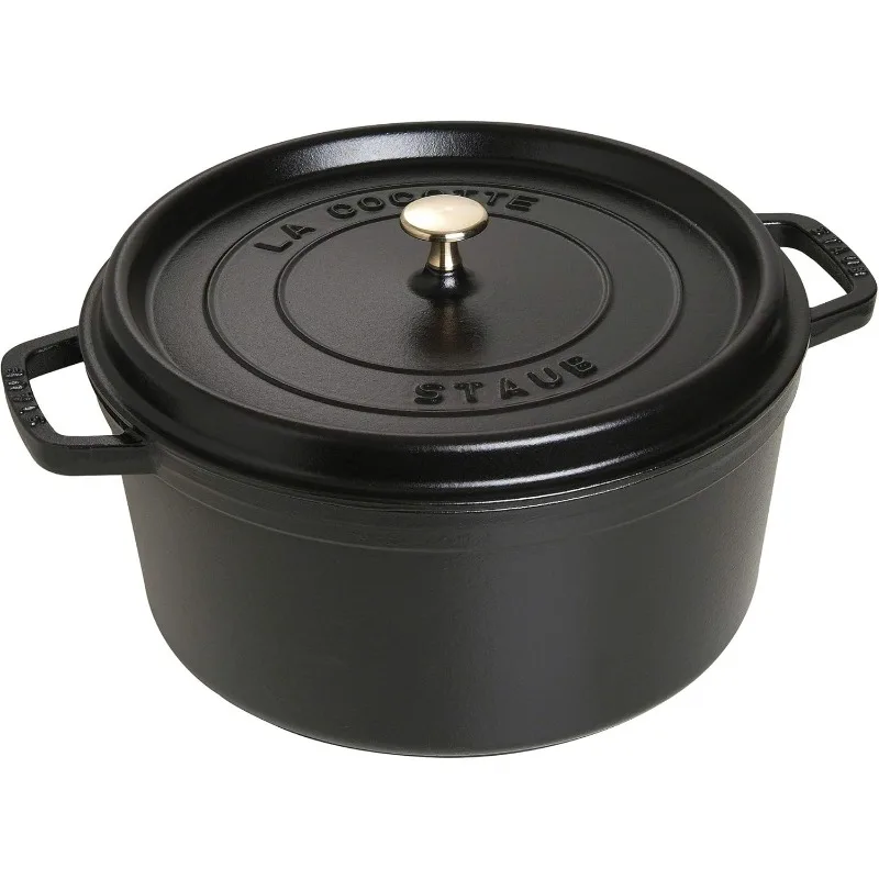 STAUB Cast Iron Dutch Oven 9-qt Round Cocotte, Made in France, Serves 9-10, Black Matte