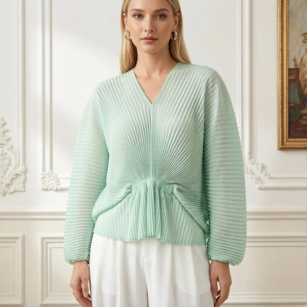 Miyake Pleated 2026 New Spring Batwing Sleeve Top for Women Designer V-Neck Waist-Defining Chiffon Blouse for Commuting Pleat