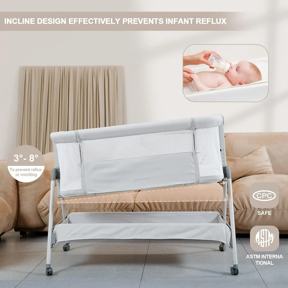 Baby Wieg Bed Slaper, Gemakkelijk Opvouwbare Draagbare Wieg Voor Baby Met Wielen, Verstelbare Hoogte, Inclusief Matras (Beige)