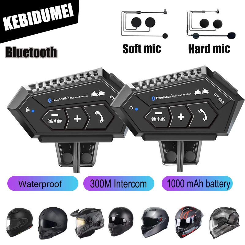 

Мотоциклетная гарнитура-интерком KEBIDUMEI BT12B с аккумулятором 1000 мАч, защита от помех, функция громкой связи для полнолицевых/открытых шлемов