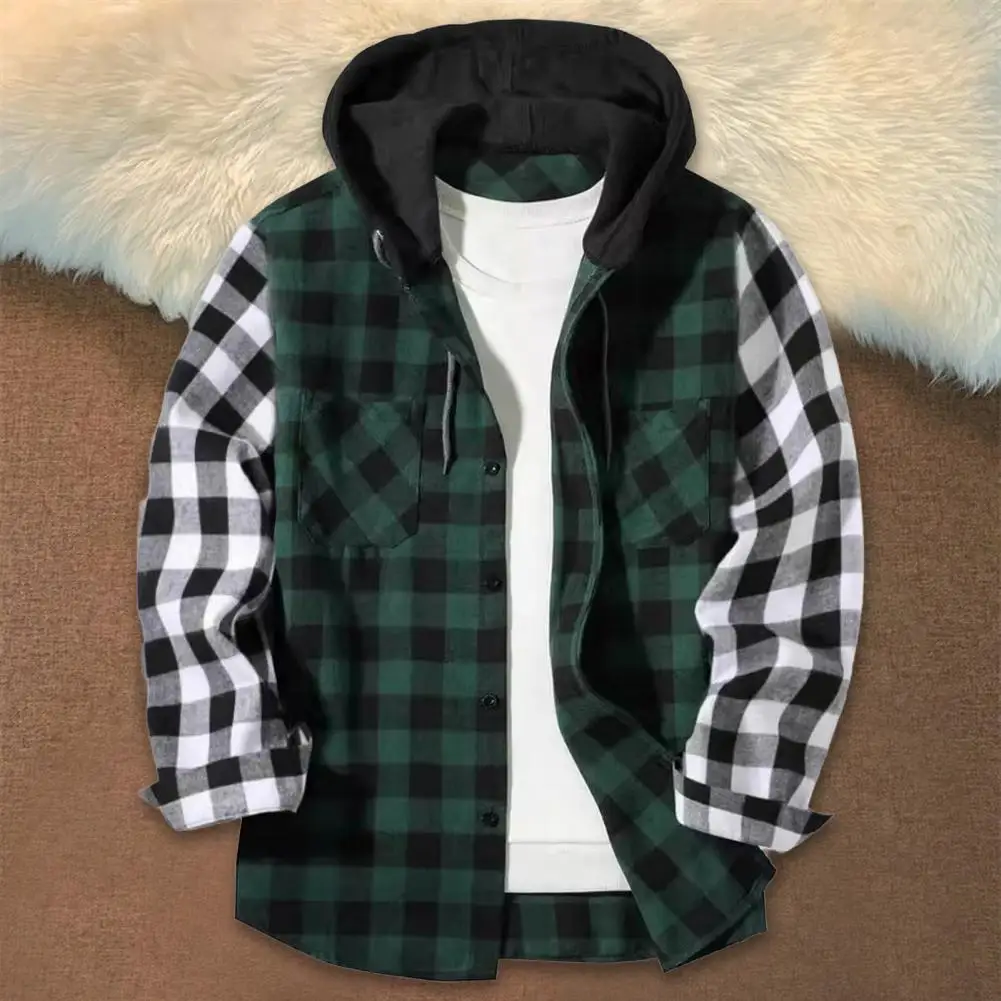 

Single-breasted Top Men's Plaid Print Hooded Shirt Coat with Adjustable Drawstring Chest Pocket Contrast Color Jacket for Fall