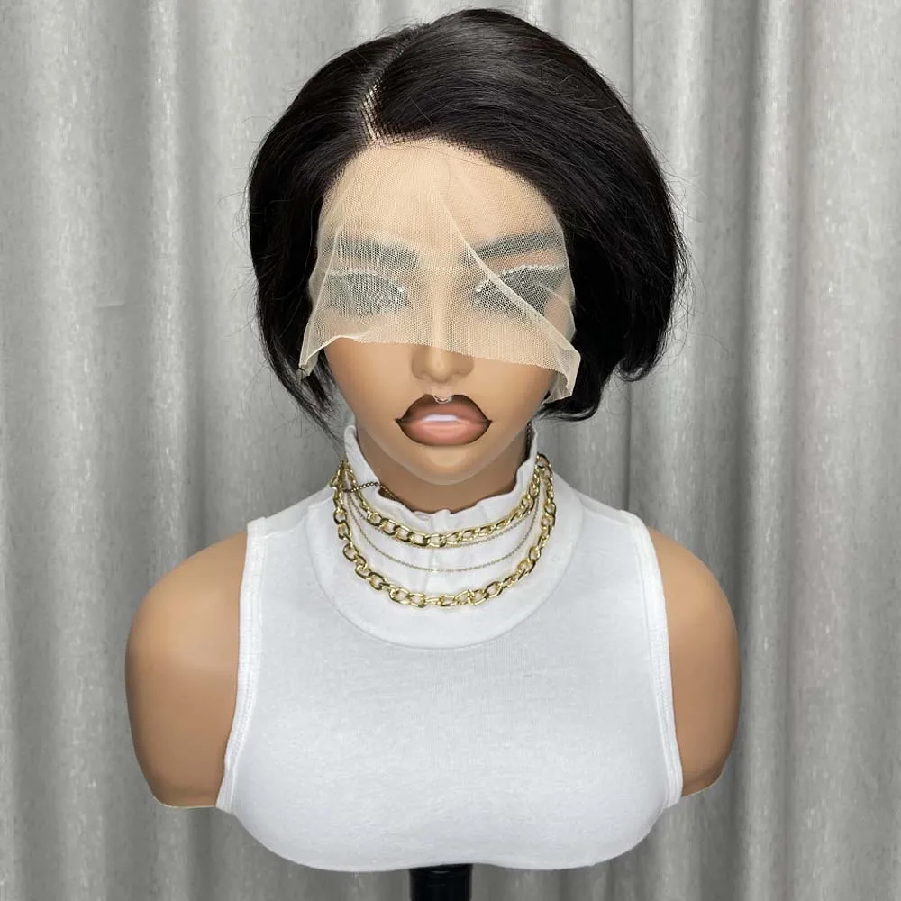 Pelucas de cabello humano con corte Pixie, parte en T, 13x1, pelucas negras naturales frontales de encaje, pelucas Bob cortas y rectas para mujeres negras