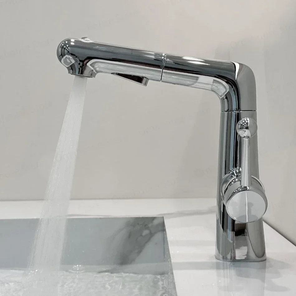 All Copper Pull up Basin Faucet with Rotating Telescopic Spout Hot And Cold Water Ceramic Valve Core Kitchen Sink Faucet