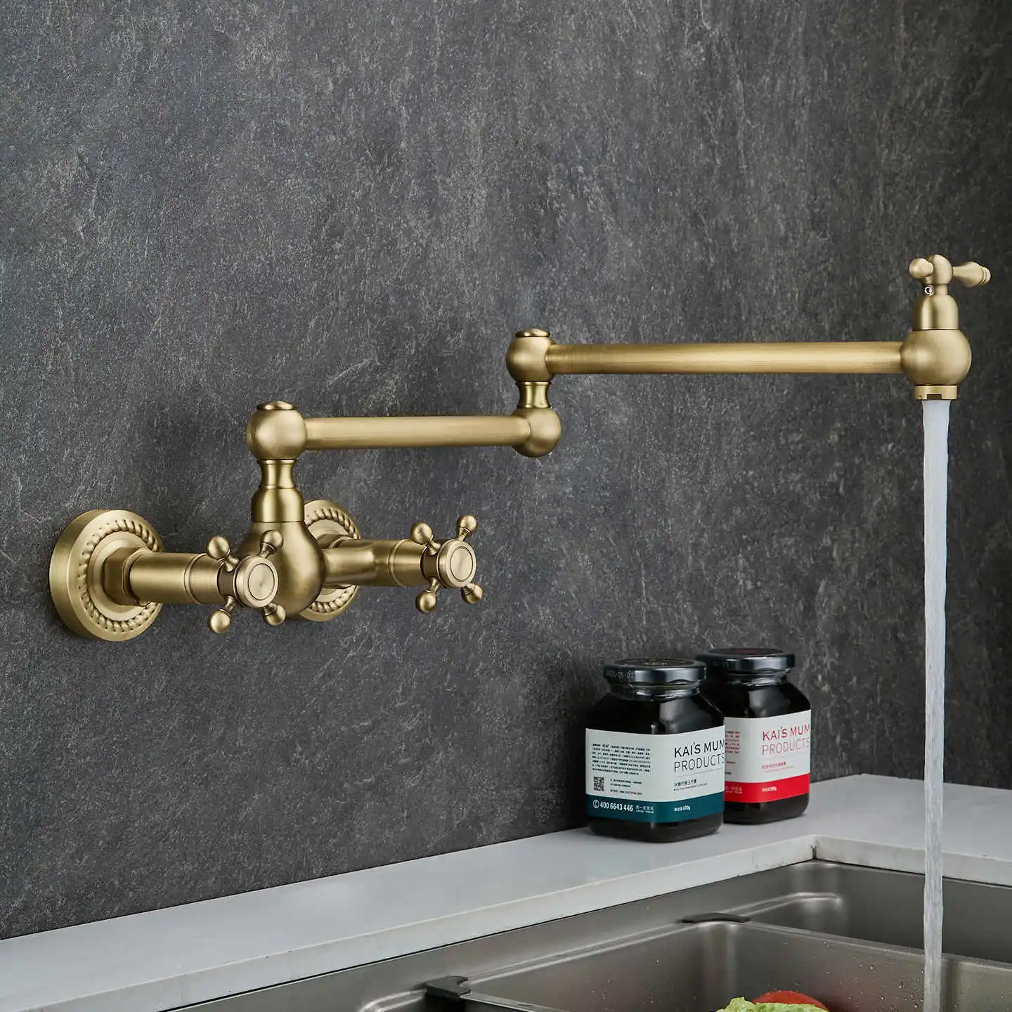 

Roman Style Wall Faucet Double Joint Spout Folding Stretchable Swing Arm Wall Kitchen Faucet Double Holes Two Handles Sink Tap