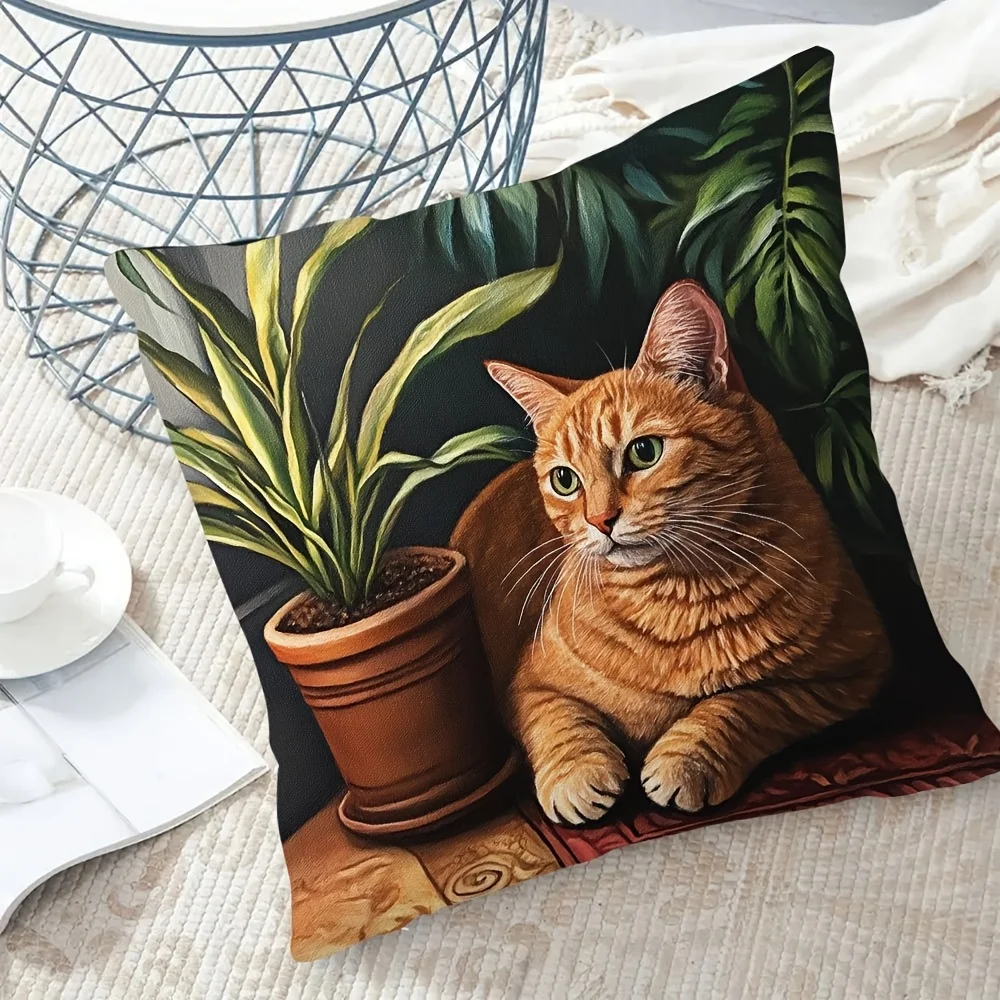 1pc Orange Tabby Cat With Potted Plants Double‑Sided Print Pillow Cover, Cushion Case for Sofa Bedroom, Insert Not Included