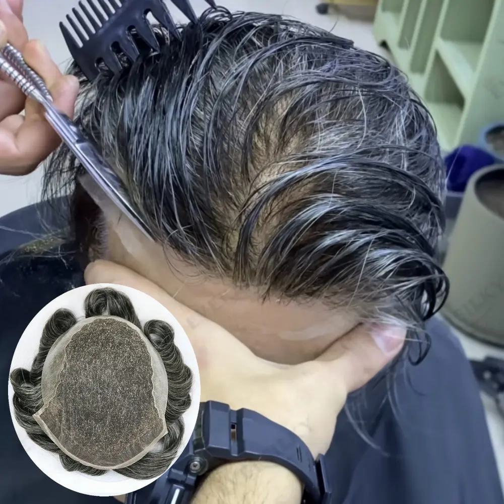

Men's Toupee 1b20 1b40Grey Black Human Hair Wig For Male Q6Swiss Lace Front Thin PU Base Male Hair Replacement System Prosthesis