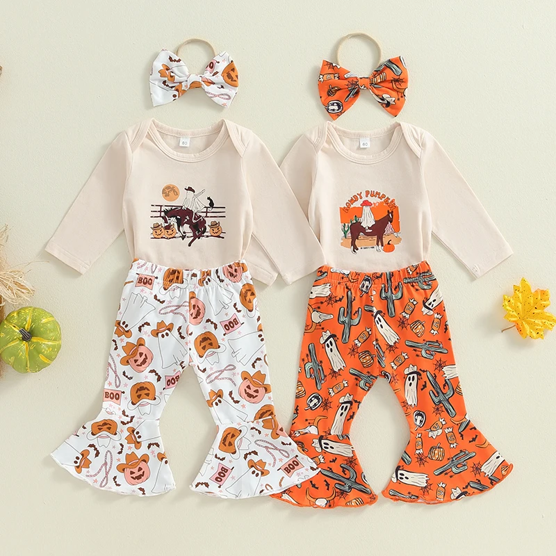 2024-05-24 Lioraitiin 0-18M 3Pcs Baby Girl Halloween Outfits Long Sleeve Romper + Bell Bottoms + Headband Set Western Clothes