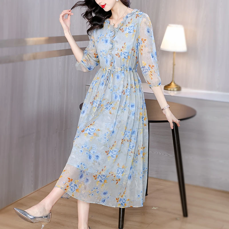 Spring/Summer Fashion Mulberry Silk Dress Women\'s French Loose Tight Fragmented Flower Skirt 2024 New Print Beach Style Vestidos