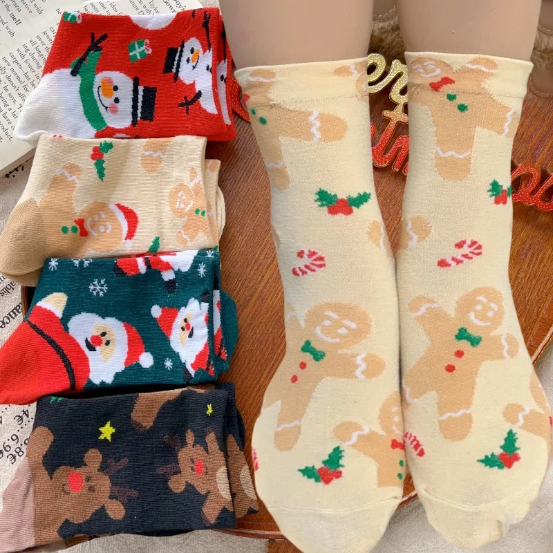 4Pairs Christmas Socks Women Men Autumn Winter Funny Santa Claus Snowman Mid-tube Stockings Cartoon Animal New Year Gift Socks
