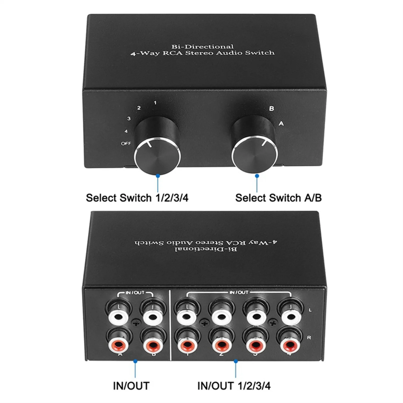 

Bi-Directional 4-Way RCA Stereo Audio Switch L/R Sound Channel Audio Switcher,2 in 4 Out or 4 in 2 Out Audio Splitter