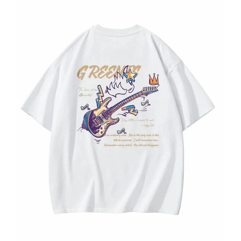 

GF Rock Series Summer American Retro High Street Unplugged Guitar English Letter Off-the-shoulder Short-sleeved T-shirt