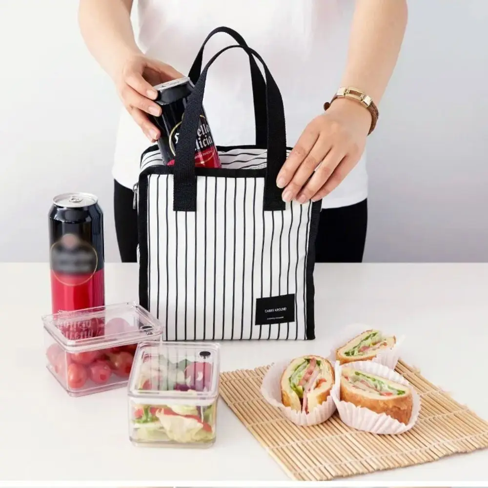 Large Capacity Insulated Thermal Pouch Casual Keep Fresh Food Storage Stripe Lunch Bag Oxford Cloth Picnic Tote Bag