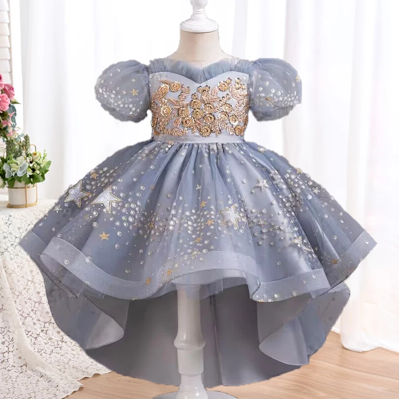 

The new hot wedding flower girl dress sequins net gauze performance costume 3-11 year old girl dragging sequin tulle party dress