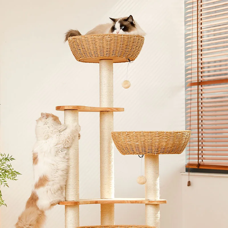 Solid Wood Cat Tower Tree Nest Game Climbing Frame Hammock Scratching Post Cats Mat Sofa Products Pet Products for Kittys