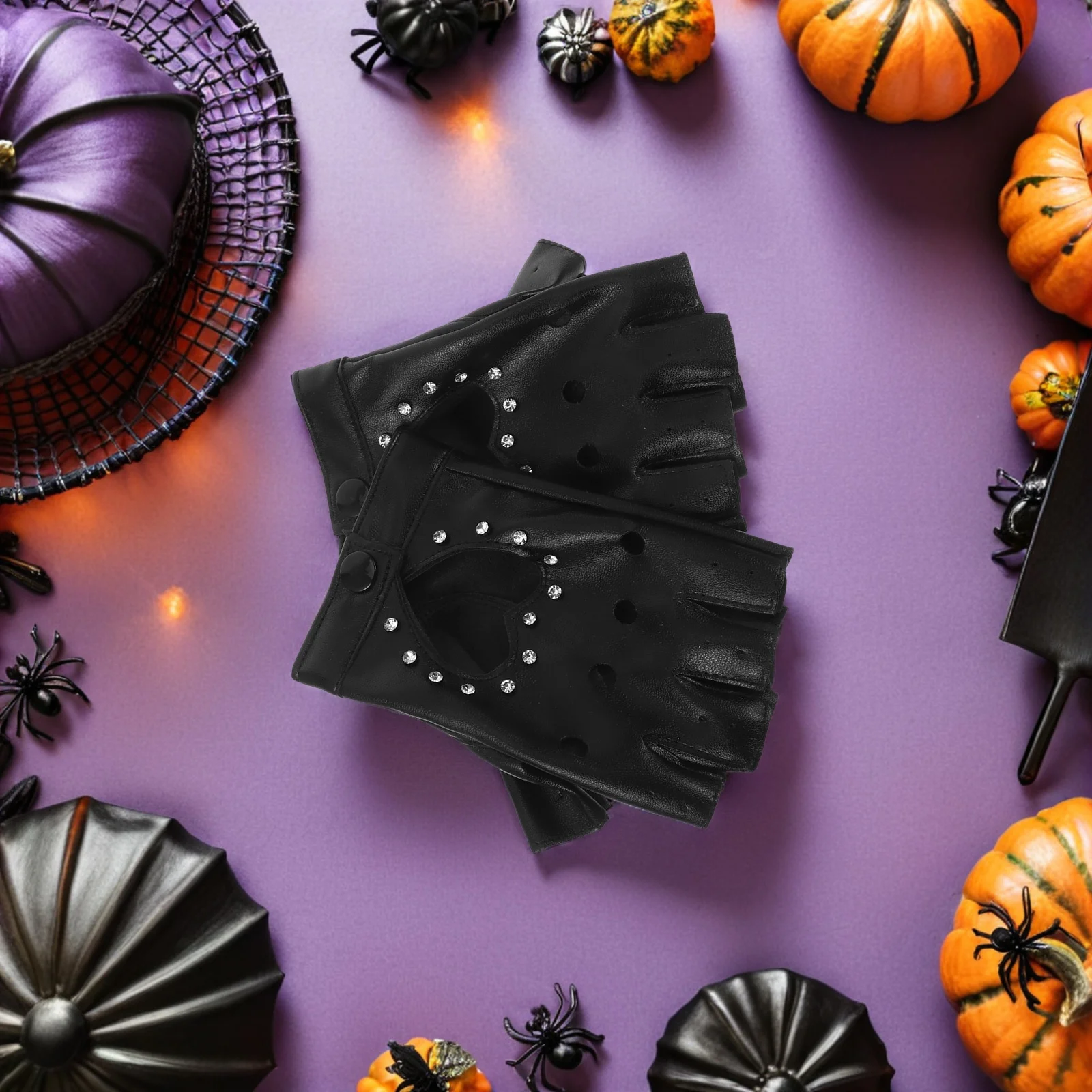 2Pairs Kids Fingerless Gloves Heart Cutout PU Sparkly Costume Dance Halloween Party Punk Rhinestone Fingerless Gloves