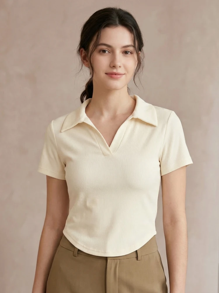 Zjaiss 2026 Sommer Solid Slim Fit Damen T-Shirt Mode Lässig Vielseitig Baumwolle T-Shirt Trendy POLO-Ausschnitt Kurzarm Crop Top