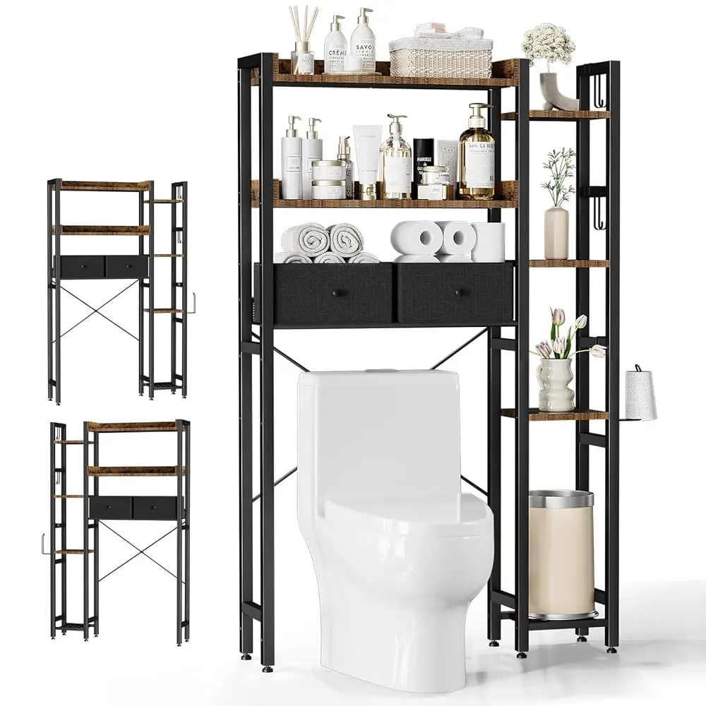 

Хранение над унитазом с 2 ящиками, 7-уровневый органайзер для ванной комнаты над унитазом с регулируемыми по высоте полками и крючками, пространство