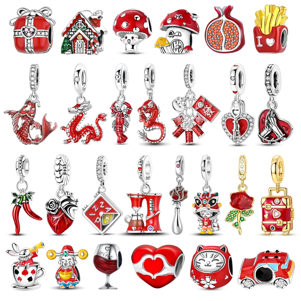 

Red Series 925 Sterling Silver Koi Firecracker Dragon Heart Mushroom Coffee Machine Charm Fit DIY Bracelet Necklace Niche Gifts