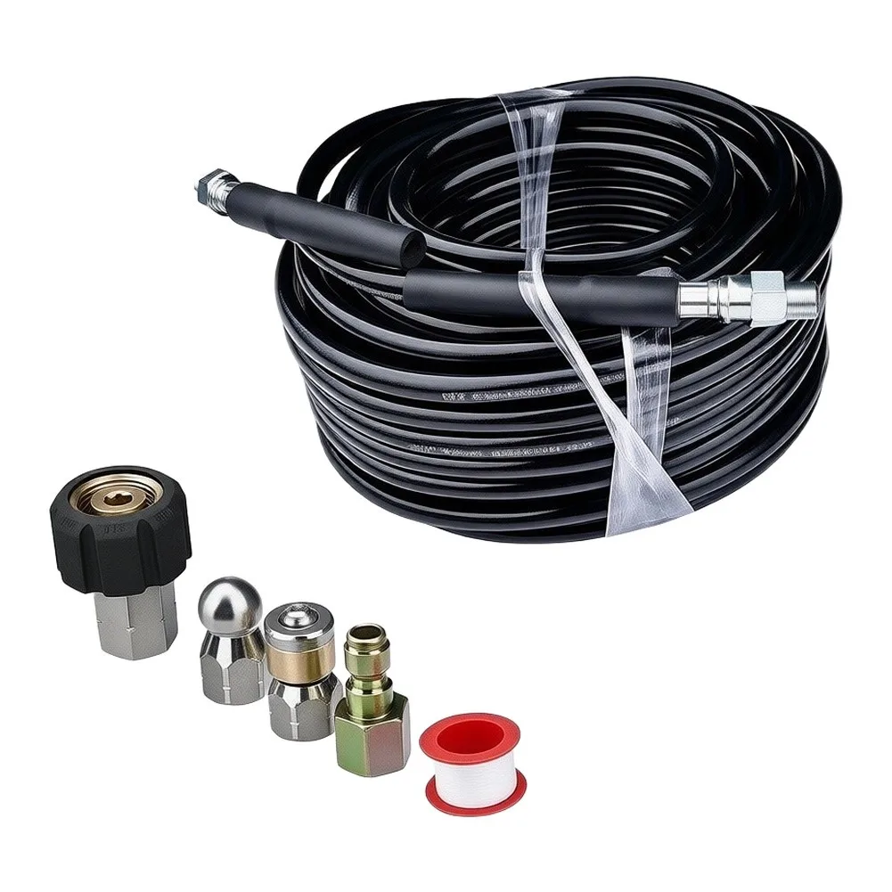 15M High Pressure Drain Cleaning Hose with Rotating Stainless Steel Nozzle Set for Cars Driveways Outdoor Furniture