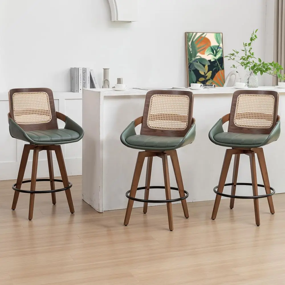 

Stools Set of 3 26.4 inch Counter Height Swivel Bar Stools with Cane Back, Curved Arms, Faux Leather Upholstered Seat, Counter