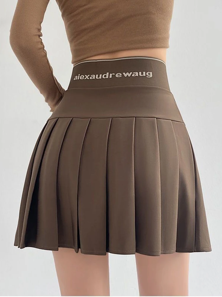Women High Waist Double Button Pleated Mini Skirt A Line Anti-exposed Liner Brown Preppy Style School Uniform Short Skater Skirt