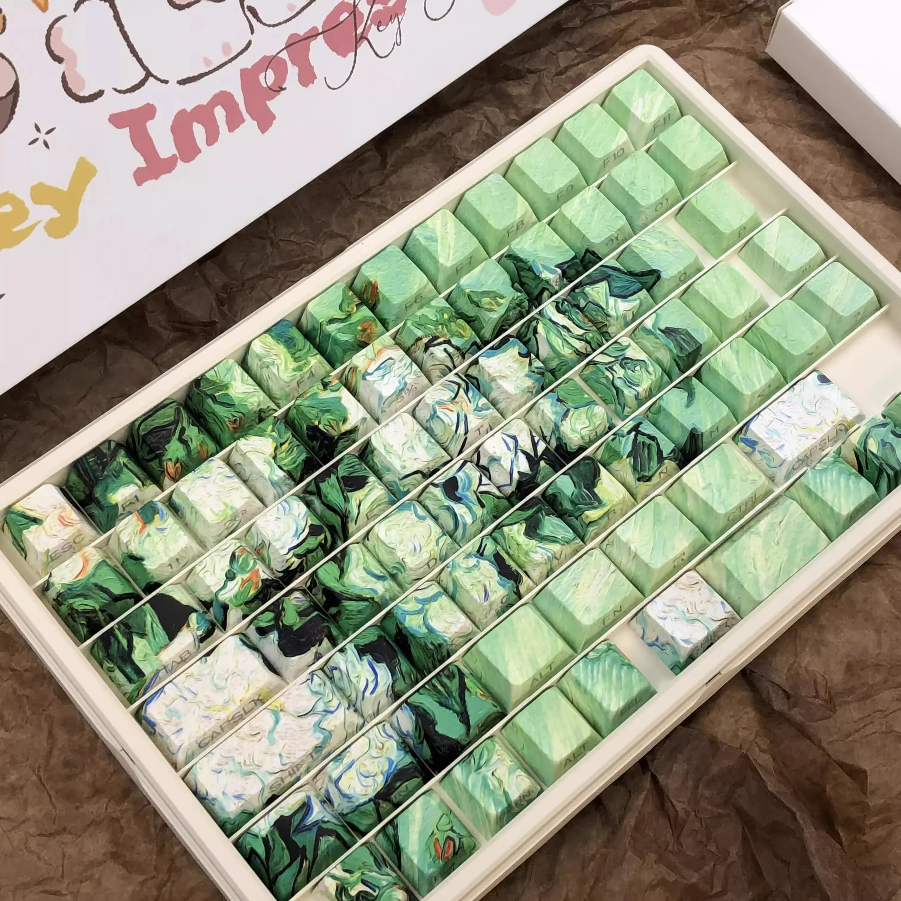

Original oil painting white rose light-transmitting 131-key mechanical keyboard PBT five-sided sublimation art keycap