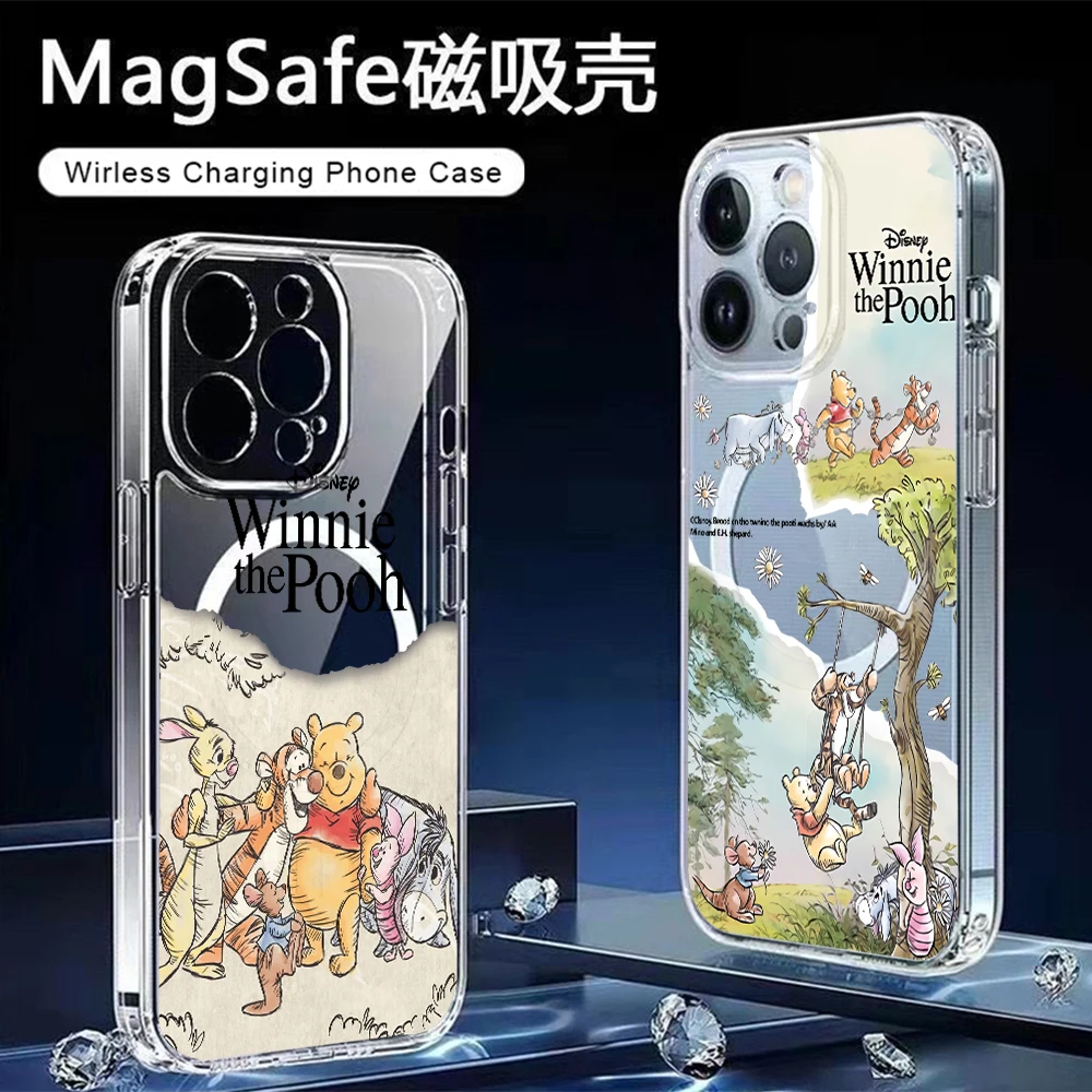 Funda Magnética para Teléfono con Diseño de Winnie the Pooh para iPhone 17 Air 16 15 14 Plus 13 12 11 Pro Max X Xs XR 8 SE, Transparente, Compatible con MagSafe