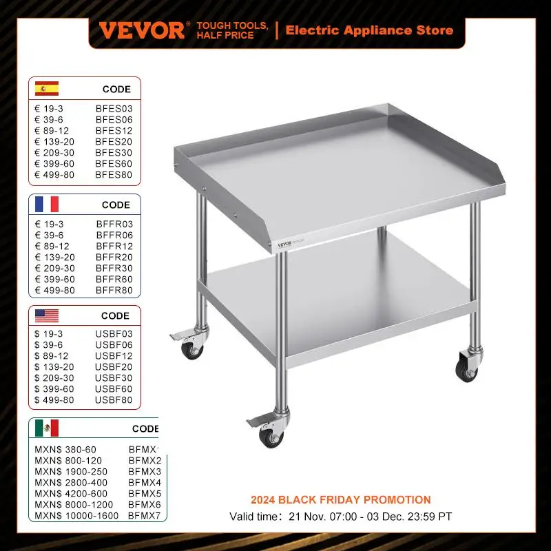 VEVOR Stainless Steel Work Table Commercial Food Prep Worktable w/ 4 Wheels Heavy Duty Prep Worktable for Restaurant Home Hotel