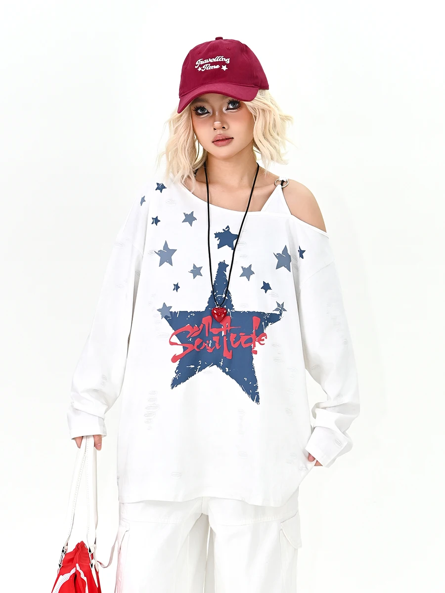 

Stars oulder Bared Long Sve T irt Women's Loose American College Sle Versatile Top Spring 2026 New Arrival Street St...