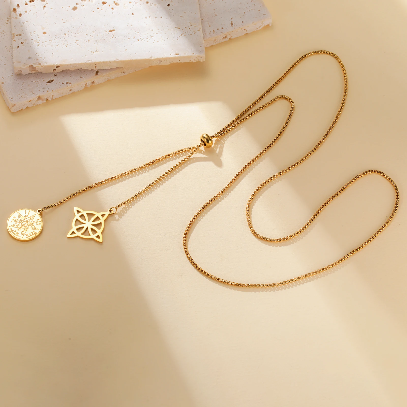 Collar con colgante de tetragrammatón con nudo de bruja, amuleto doble, caja larga de suéter de acero inoxidable, cadena, pentagrama, joyería de brujería