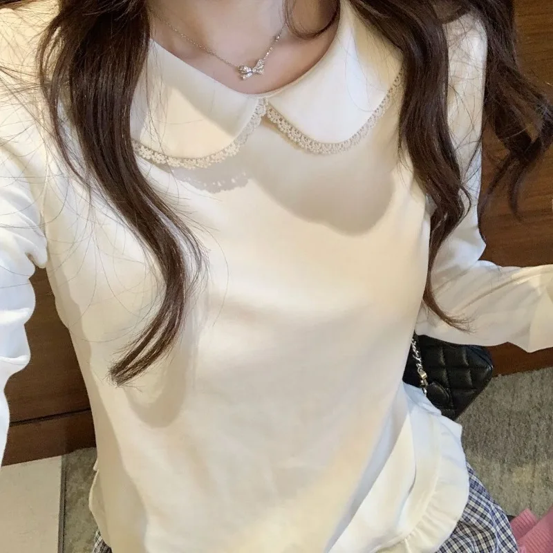 Women's T Shirt Autumn New Peter Pan Collar Lace Trim Long Sleeve Ropa Mujer Ruffled Hem Spliced Loose Tee Sweet French Style