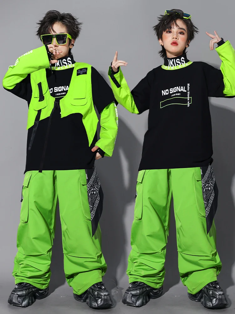 Costume de danse Hip Hop vert pour enfants, gilet et pantalon pour garçons, hauts à manches longues pour filles, vêtements de spectacle de danse de rue Kpop Y2K BL17822