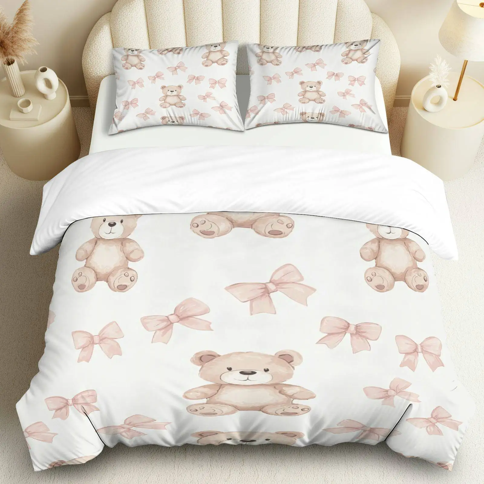 

3PCS Duvet Cover, 1 Duvet+2 Pillowcases(Without filler), Cute Bear and Bow Design Suitable for Bedroom and Guest Room Decoration