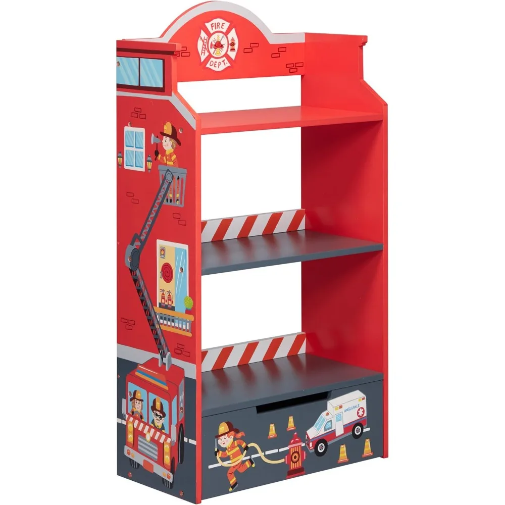 Fields Kids Bookcases, Little Fire Fighters Kids Wooden Bookshelf with Storage Drawer