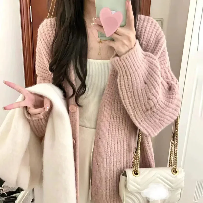 Buttons V-Neck Knitted Cardigan Women Casual Solid Color Loose Clothing Coat Autumn Winter Keep Warm Long Sleeve Jacket Cardigan