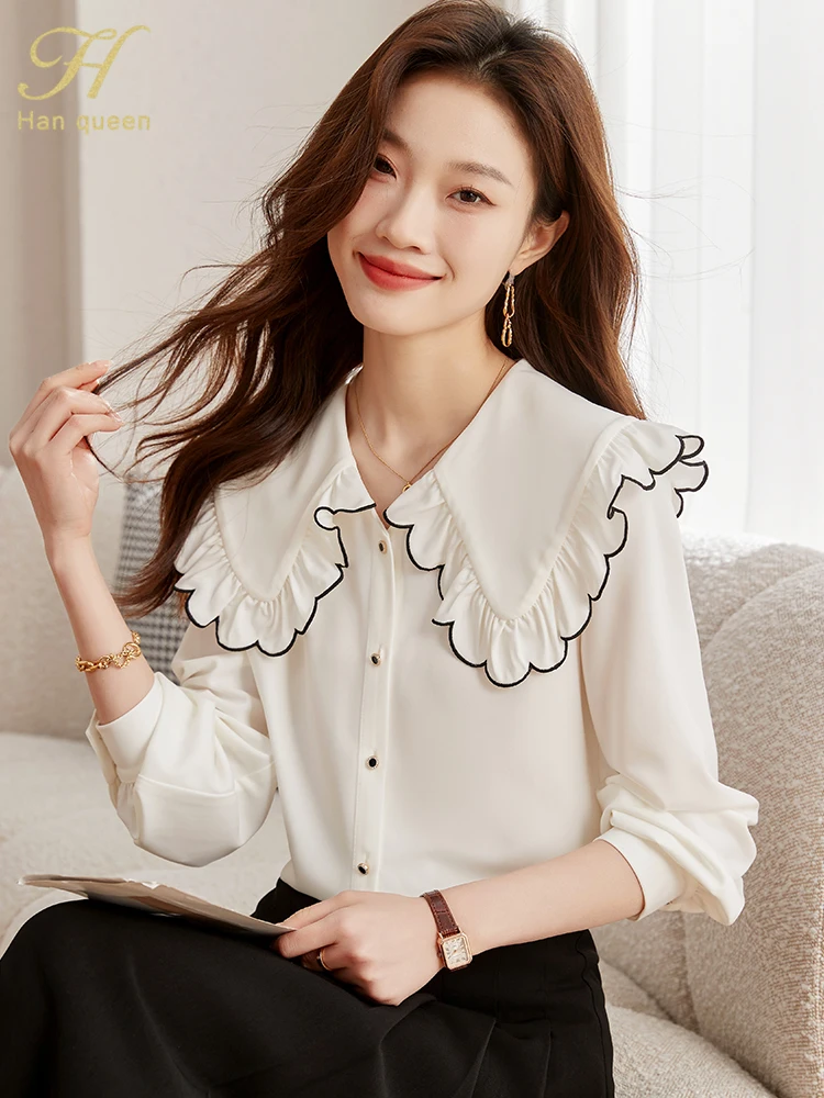 

H Han Queen Chiffon Blouse Elegant Vintage Work Casual Tops Loose Women Shirt New Korean Popular Clothes Long Sleeve Blouse