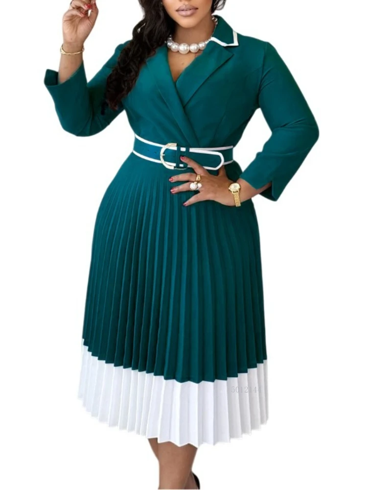 

Elegant Long Sleeve Solid High Waist A Line Pleated Dress with Belt Women Office Lady African Birthday Evening Vestidos 2026 New
