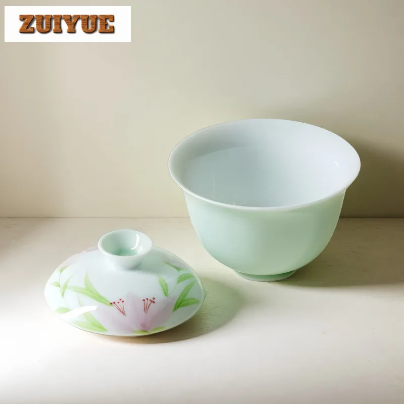 130 مللي الأخضر رسمت باليد الزنبق البري Gaiwan خمر الشاي تورين براد شاي مع غطاء عدة صنع الشاي غطاء وعاء درينكوير الديكور #5