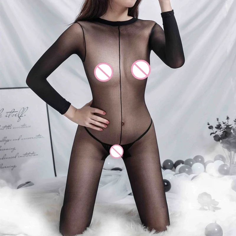 

2021 Transparent Jumpsuit Women's Sexy Bodystockings Long Sleeve Nylon Underwear Open Crotch Pajamas Uniform Temptation Lingerie