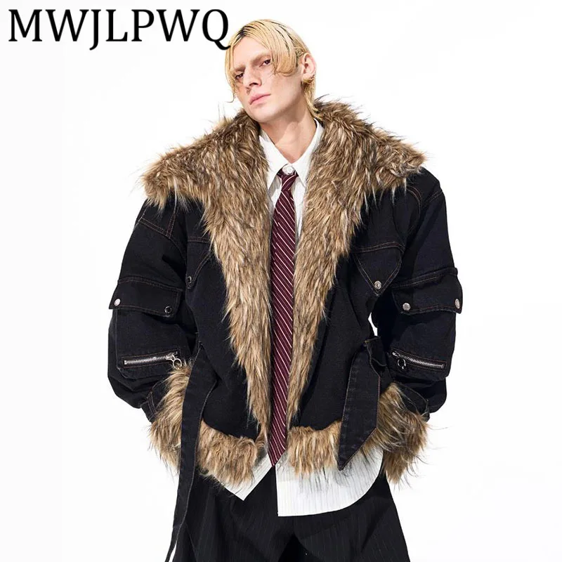 

MWJLPWQ меховая лоскутная джинсовая куртка для мужчин, уличная зимняя негабаритная повседневная куртка с рукавами «летучая мышь», новинка 2025, шикарная 12642