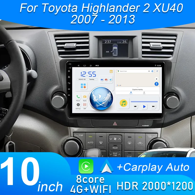 

10" Radio For Toyota Highlander 2 XU40 2007 - 2013 2 Din Android 15 Car Radio Multimedia Video Player GPS Navigation 4G Carplay