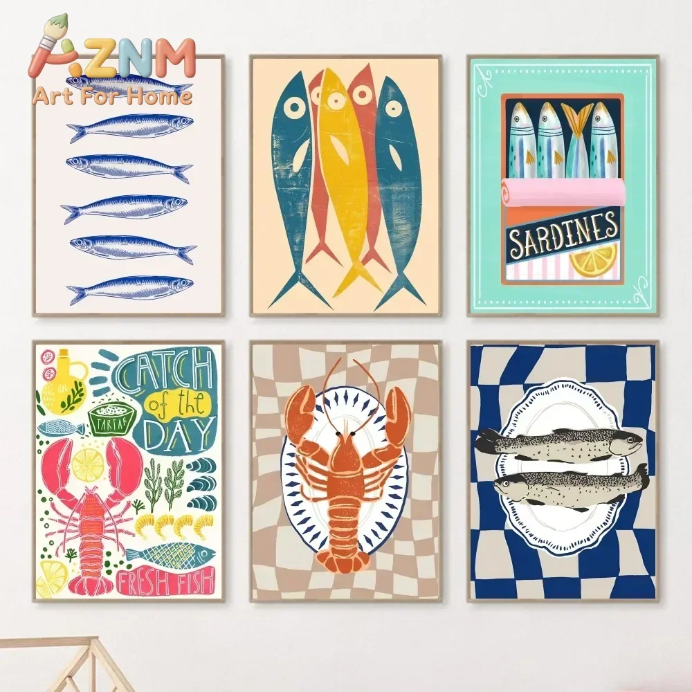AZNM Frameless Canvas Wall Art, Retro Sardine Seafood Lobster Crab Print, Decor for Kitchen Bar Restaurant