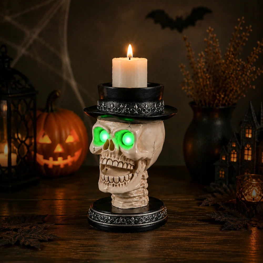 Halloween Skull Candle Holder with Glowing Green Eyes, Gothic Open Mouth Skeleton Head Statue with Black Top Hat, Spooky Tabletop Decor for Home Party