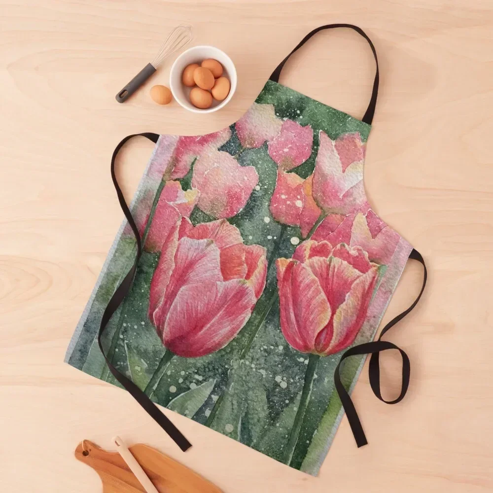 

Pink tulips painted in watercolours. Apron Women's Dress cleanings Cute Kitchen Accessories Things For Home And Kitchen Apron