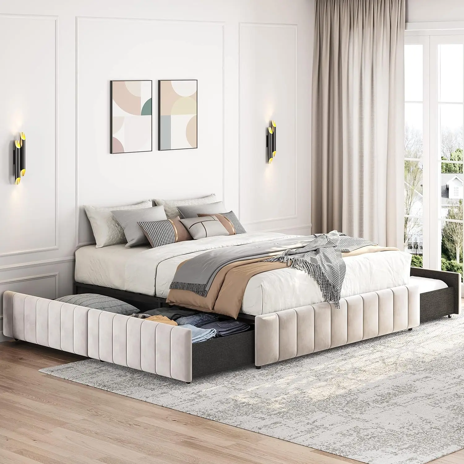 

Queen Bed Frame Upholstered Platform Bed with Drawers, Large Storage Space/Strong Wooden Slats/Non-Slip and Noise-Free