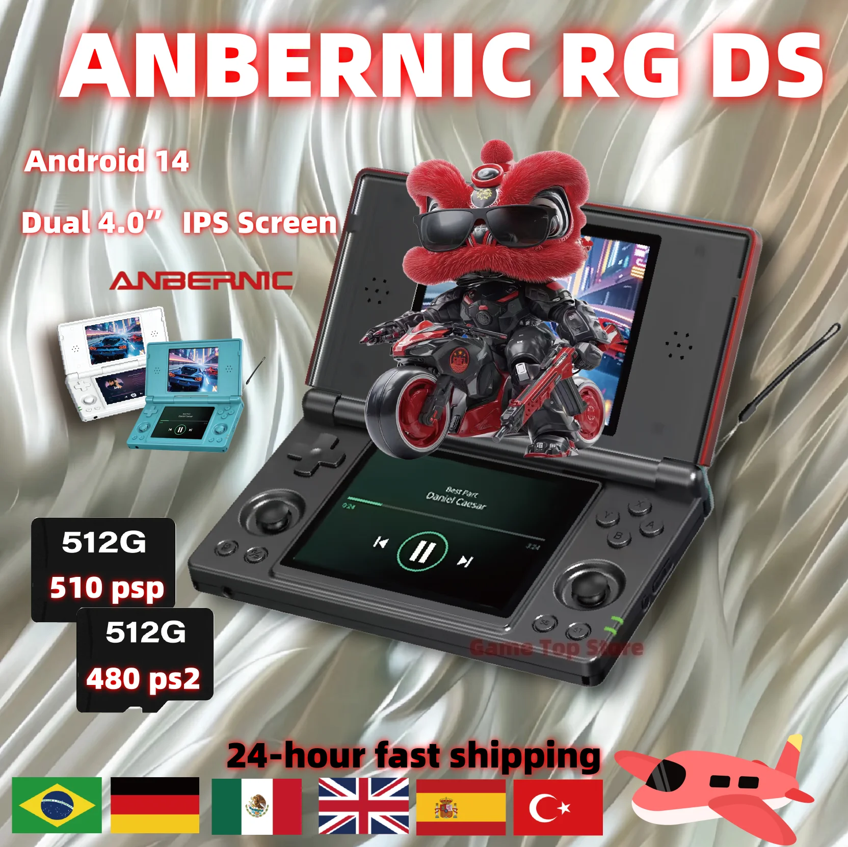 Anbernic – Console de jeu vidéo RG DS, double écran IPS de 4.0 pouces, Android 14, prise en charge de l'application double sur les écrans divisés et la puce de commutation Hall